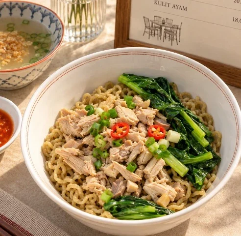 Semangkok mie ayam dengan sawi, daun bawang, dan cabai